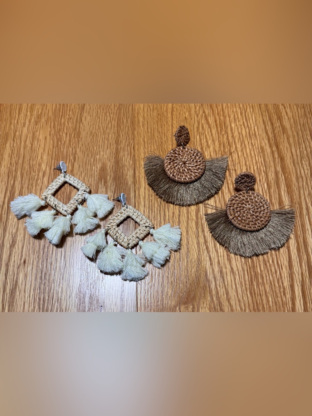 Natural Woven Tassel Drop Earrings - Cream and Brown Set